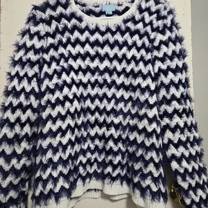 CeCe Chevron Textured Sweater - Navy and White